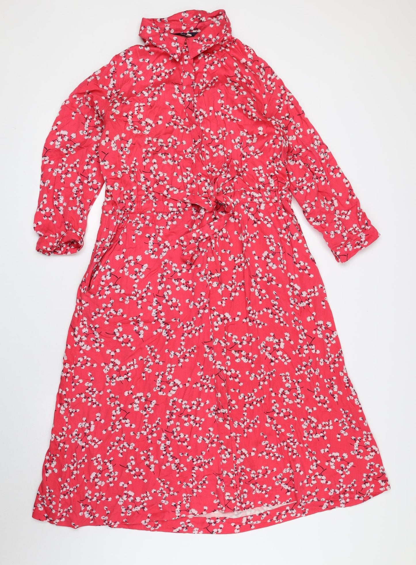 Joules Womens Pink Floral Viscose Shirt Dress Size 12 Collared Button