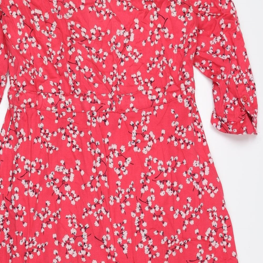 Joules Womens Pink Floral Viscose Shirt Dress Size 12 Collared Button