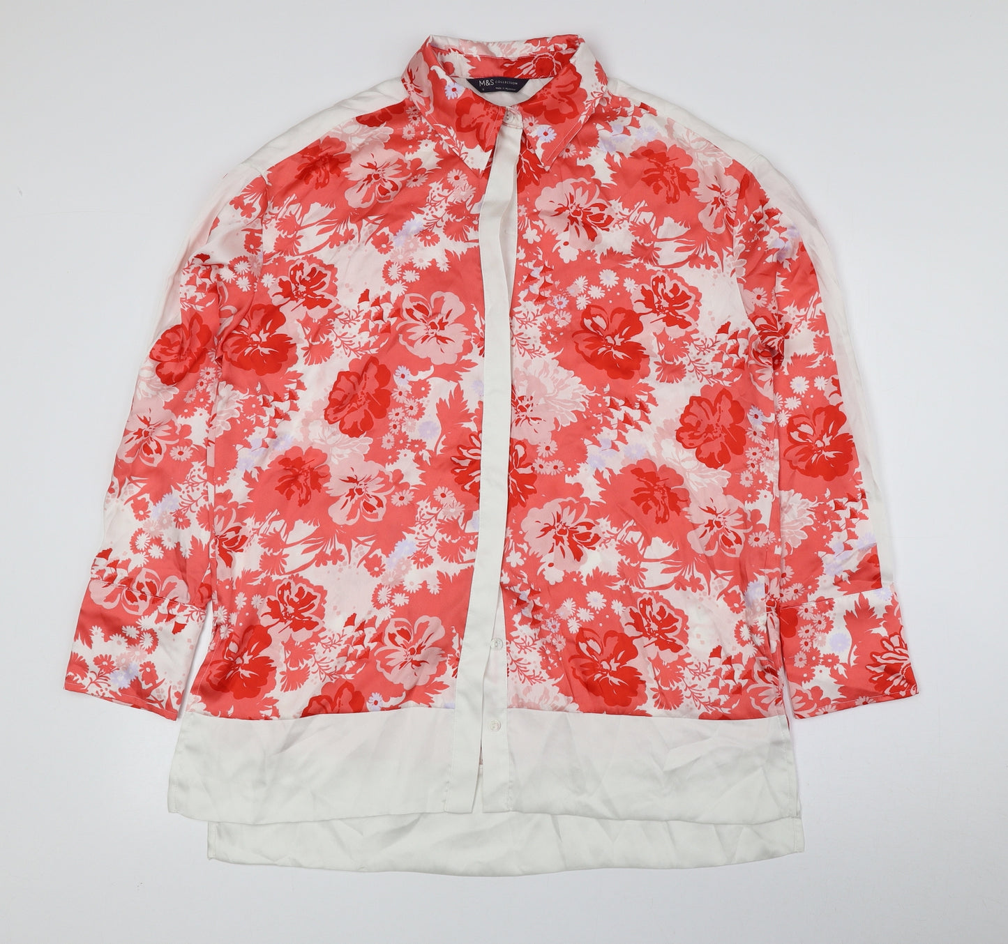 Marks and Spencer Womens Red Floral Polyester Basic Button-Up Size 12 Collared