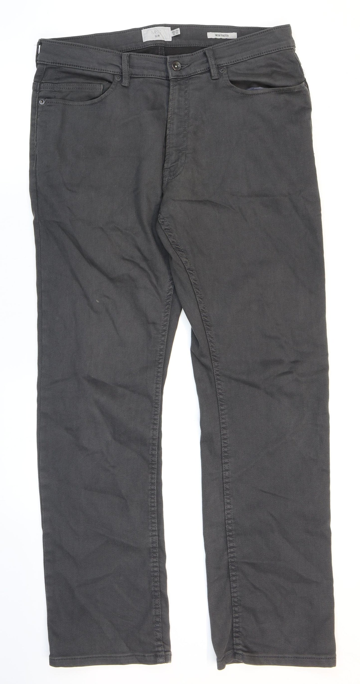 Marks and Spencer Mens Grey Cotton Straight Jeans Size 34 in L31 in Regular Zip