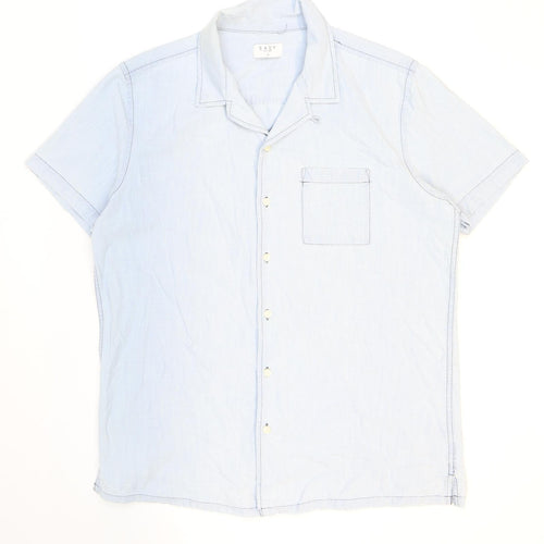 Easy Mens Blue Cotton Button-Up Size L Collared Button