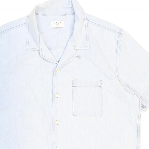 Easy Mens Blue Cotton Button-Up Size L Collared Button