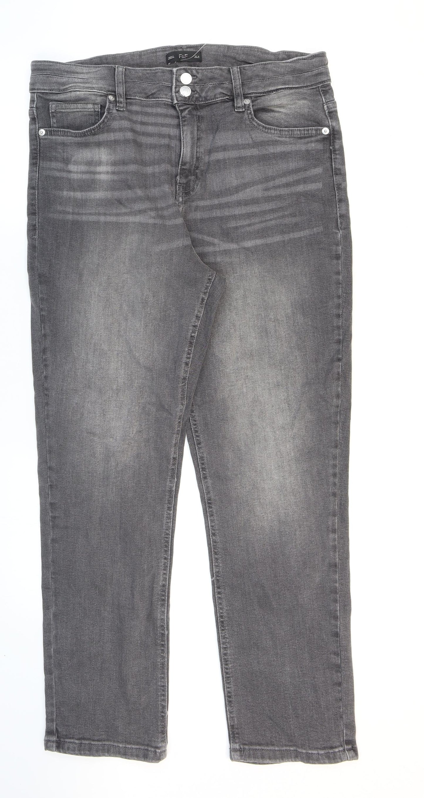 F&F Womens Grey Cotton Straight Jeans Size 16 L27 in Regular Zip - Washed look
