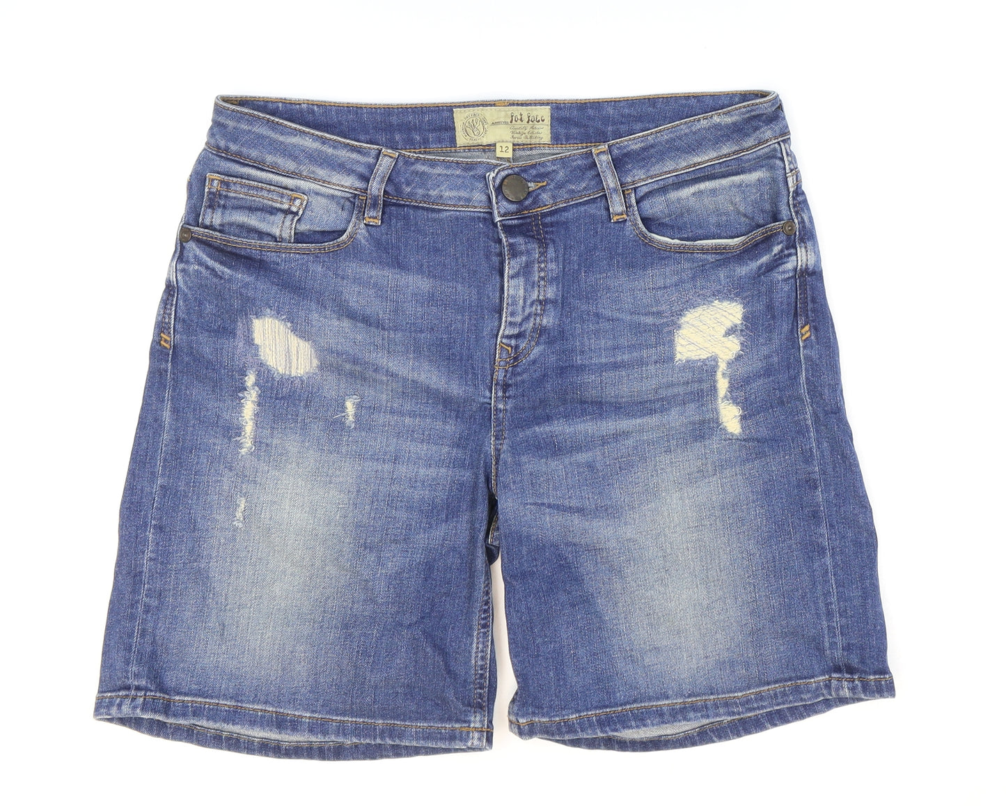 Fat Face Womens Blue Cotton Boyfriend Shorts Size 12 Regular Zip - Distressed Look