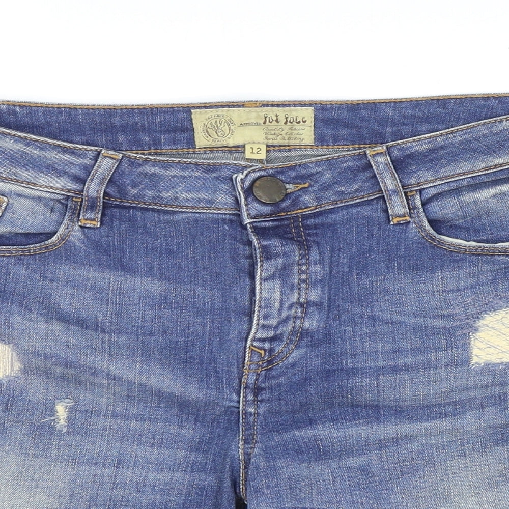 Fat Face Womens Blue Cotton Boyfriend Shorts Size 12 Regular Zip - Distressed Look