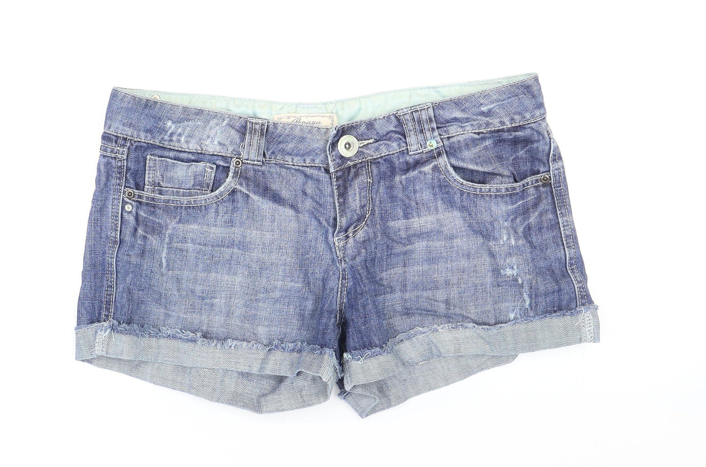 Papaya Womens Blue Cotton Hot Pants Shorts Size 12 Regular Zip - Distressed Look