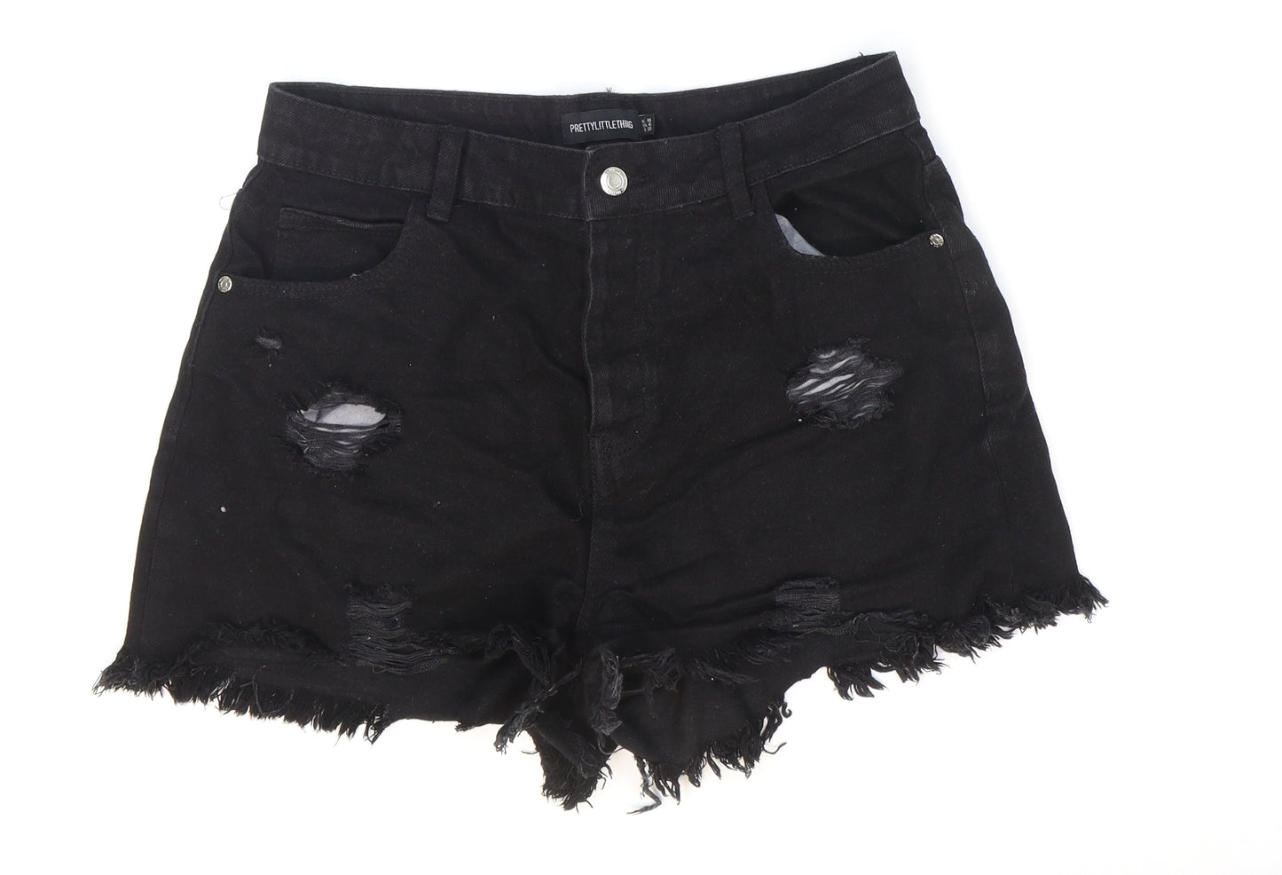 PRETTYLITTLETHING Womens Black Cotton Hot Pants Shorts Size 10 Regular Button - Distressed Look