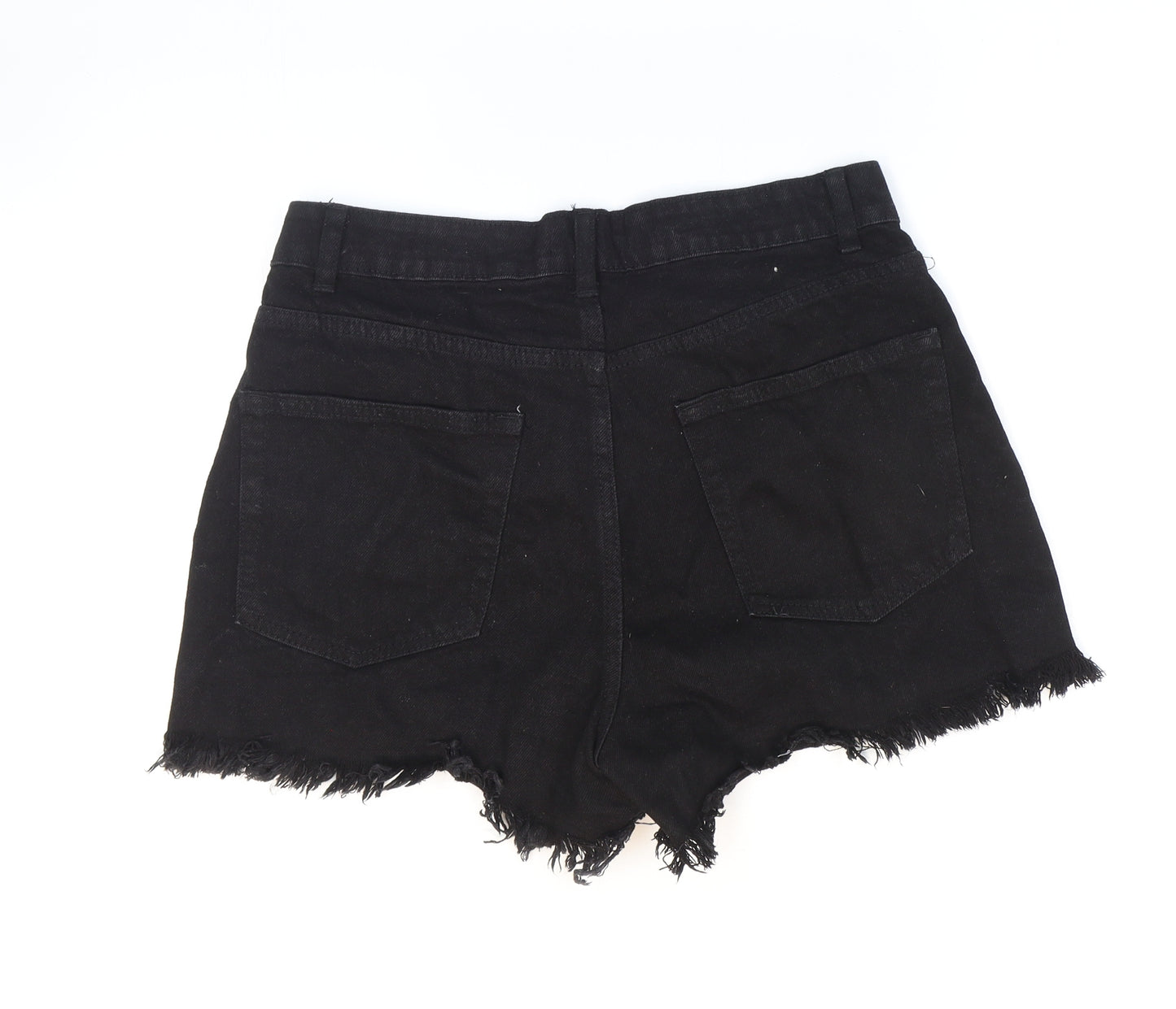PRETTYLITTLETHING Womens Black Cotton Hot Pants Shorts Size 10 Regular Button - Distressed Look