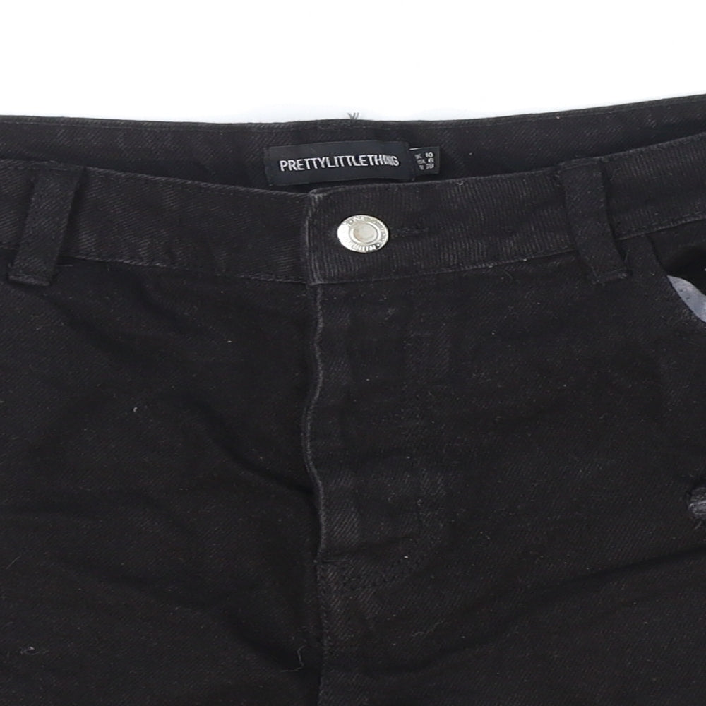 PRETTYLITTLETHING Womens Black Cotton Hot Pants Shorts Size 10 Regular Button - Distressed Look
