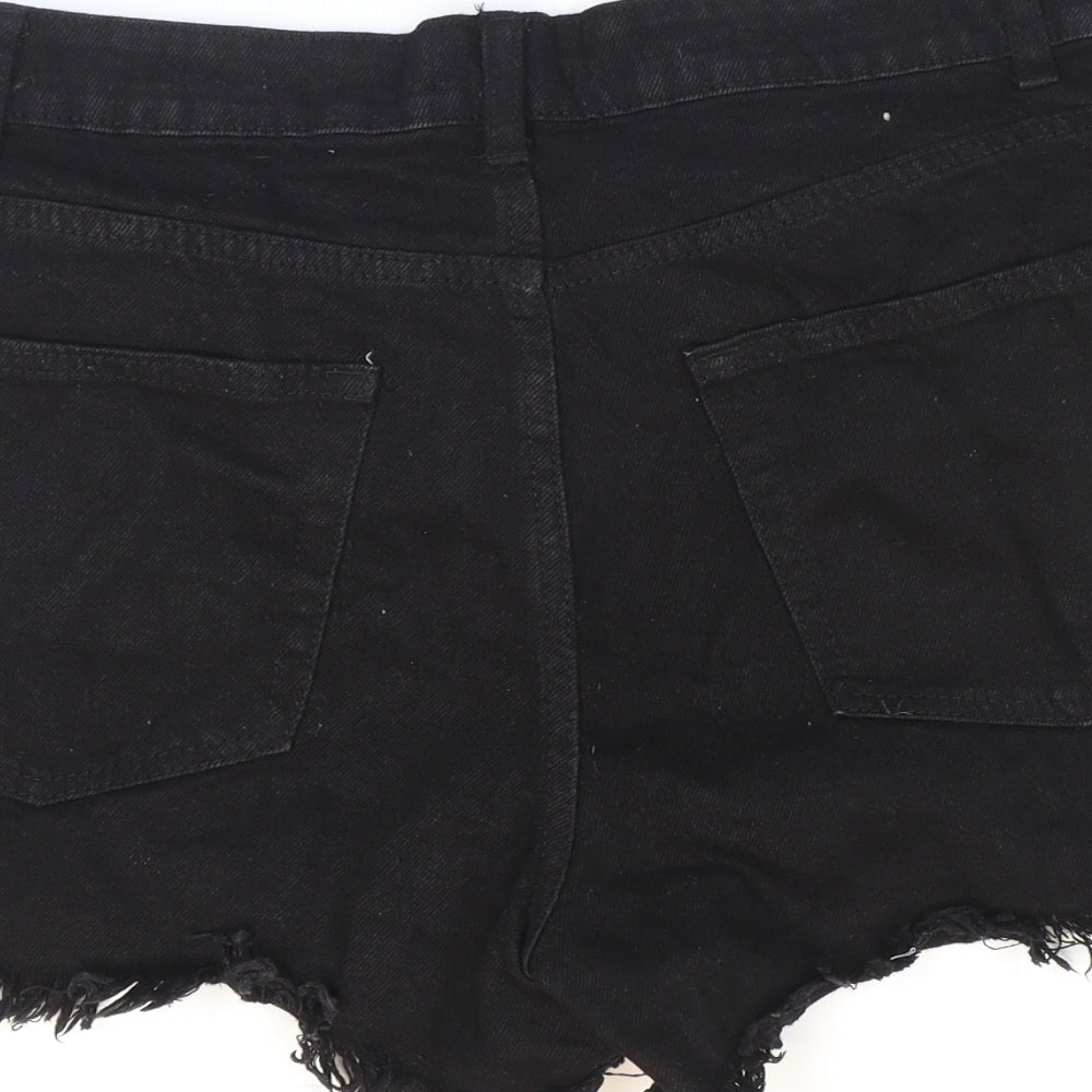 PRETTYLITTLETHING Womens Black Cotton Hot Pants Shorts Size 10 Regular Button - Distressed Look