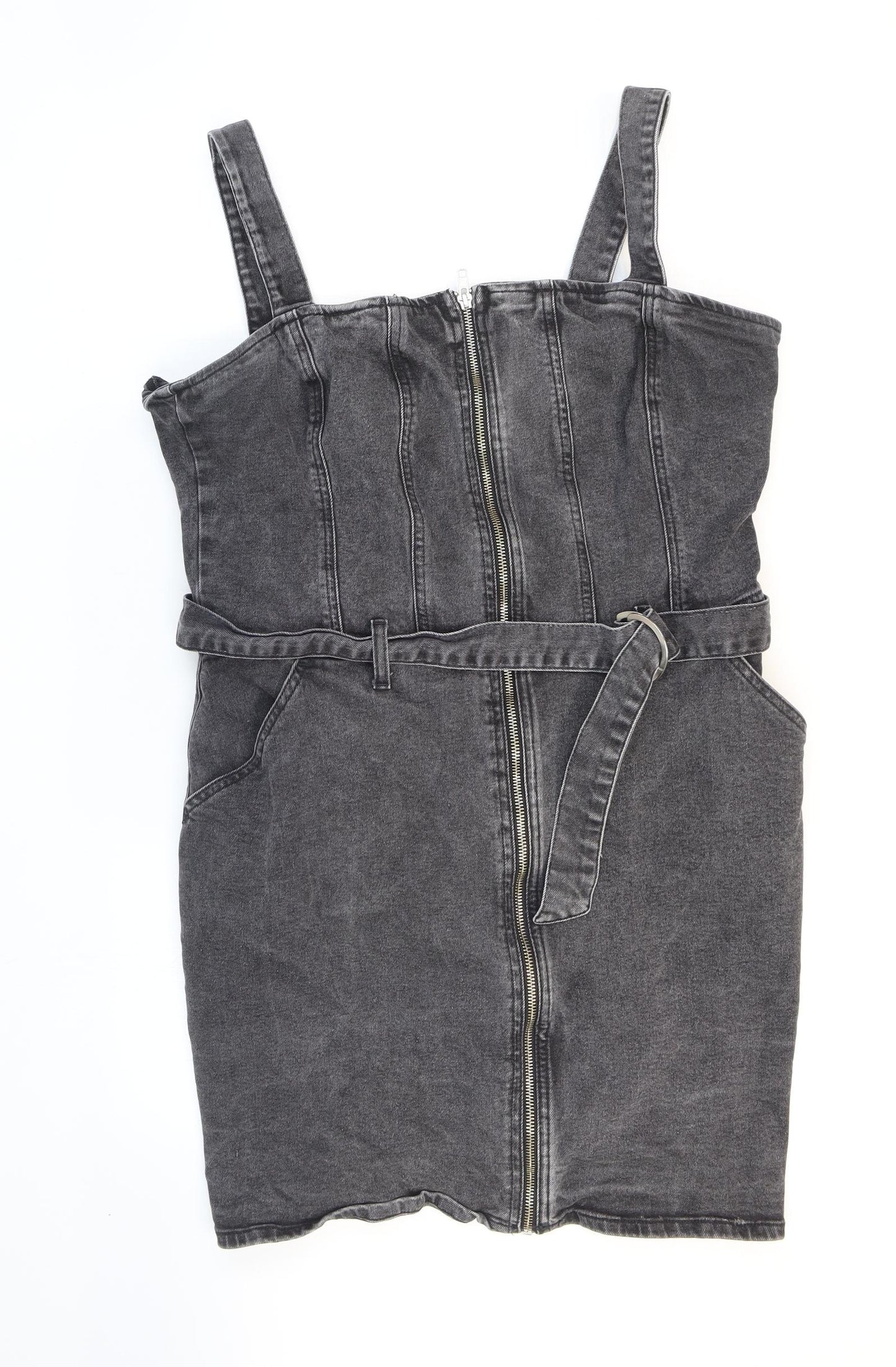 New Look Womens Black Cotton Pinafore/Dungaree Dress Size 18 Square Neck Zip