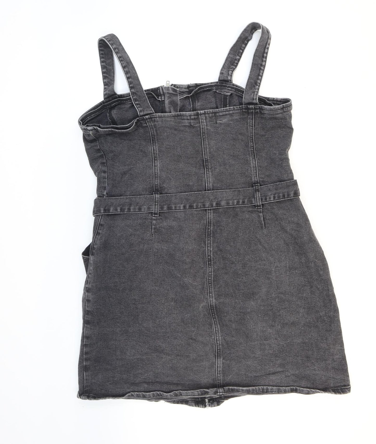 New Look Womens Black Cotton Pinafore/Dungaree Dress Size 18 Square Neck Zip