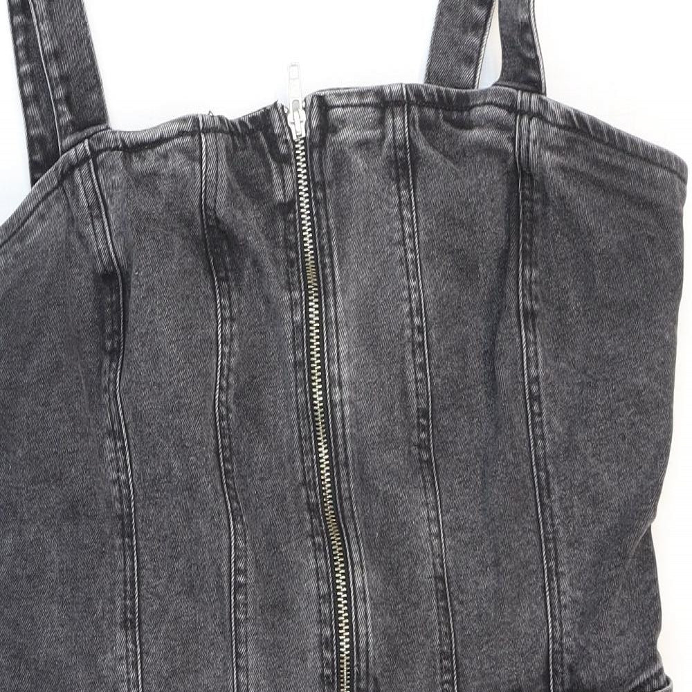 New Look Womens Black Cotton Pinafore/Dungaree Dress Size 18 Square Neck Zip