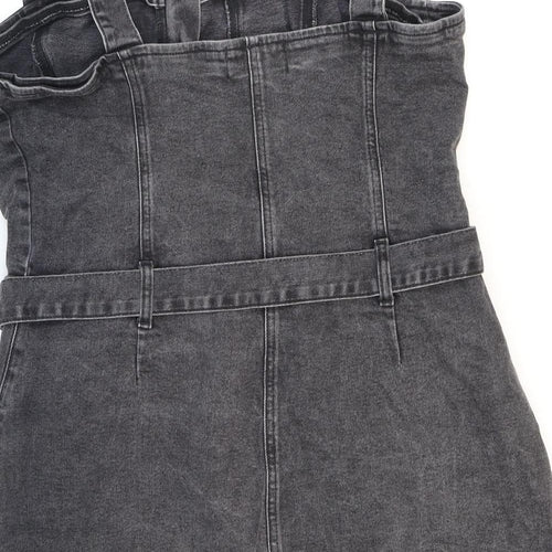 New Look Womens Black Cotton Pinafore/Dungaree Dress Size 18 Square Neck Zip