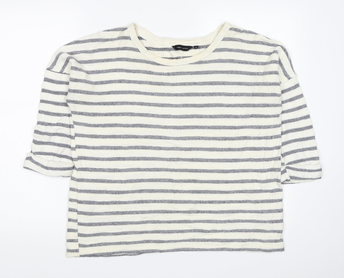 New Look Womens White Striped Cotton Basic T-Shirt Size 14 Scoop Neck