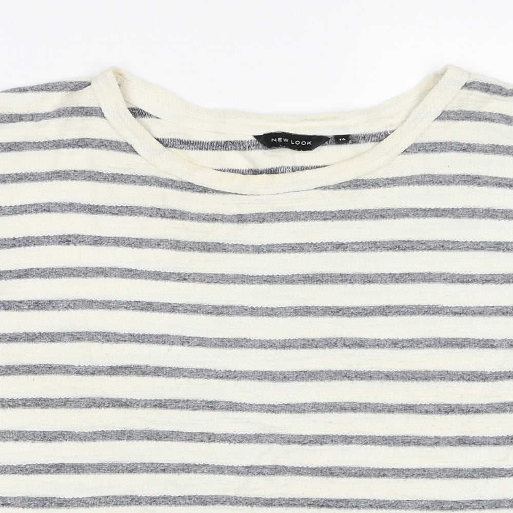 New Look Womens White Striped Cotton Basic T-Shirt Size 14 Scoop Neck