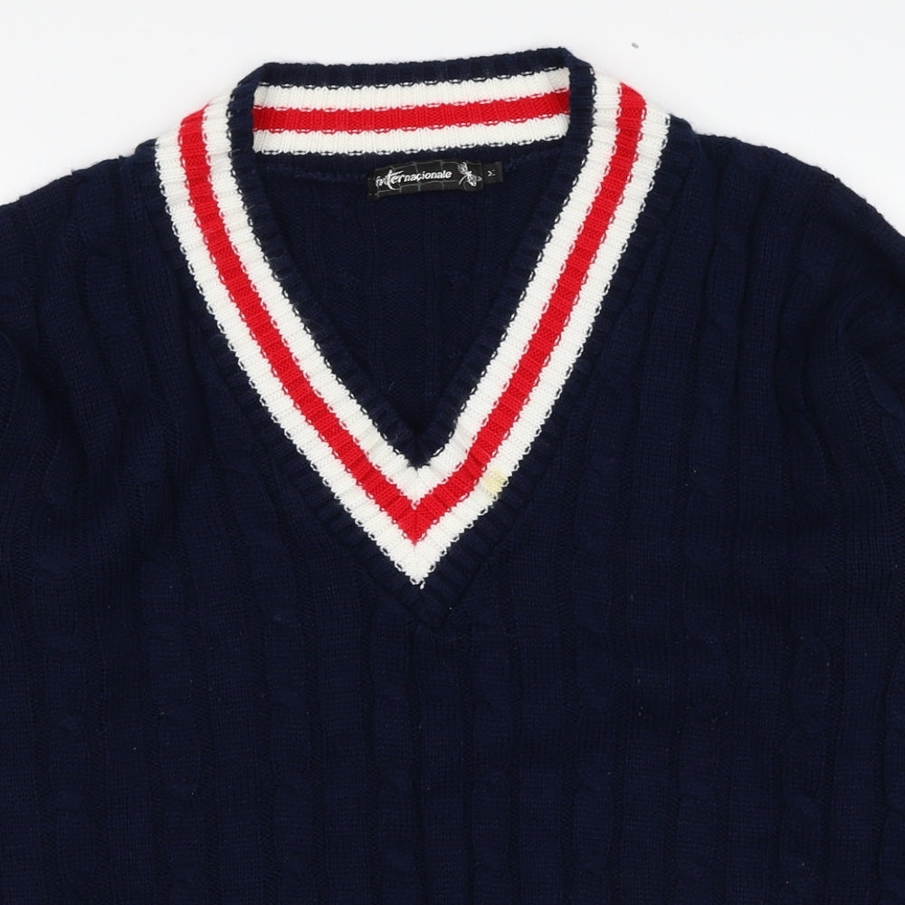 Internacionale Womens Blue V-Neck Geometric Acrylic Pullover Jumper Size M