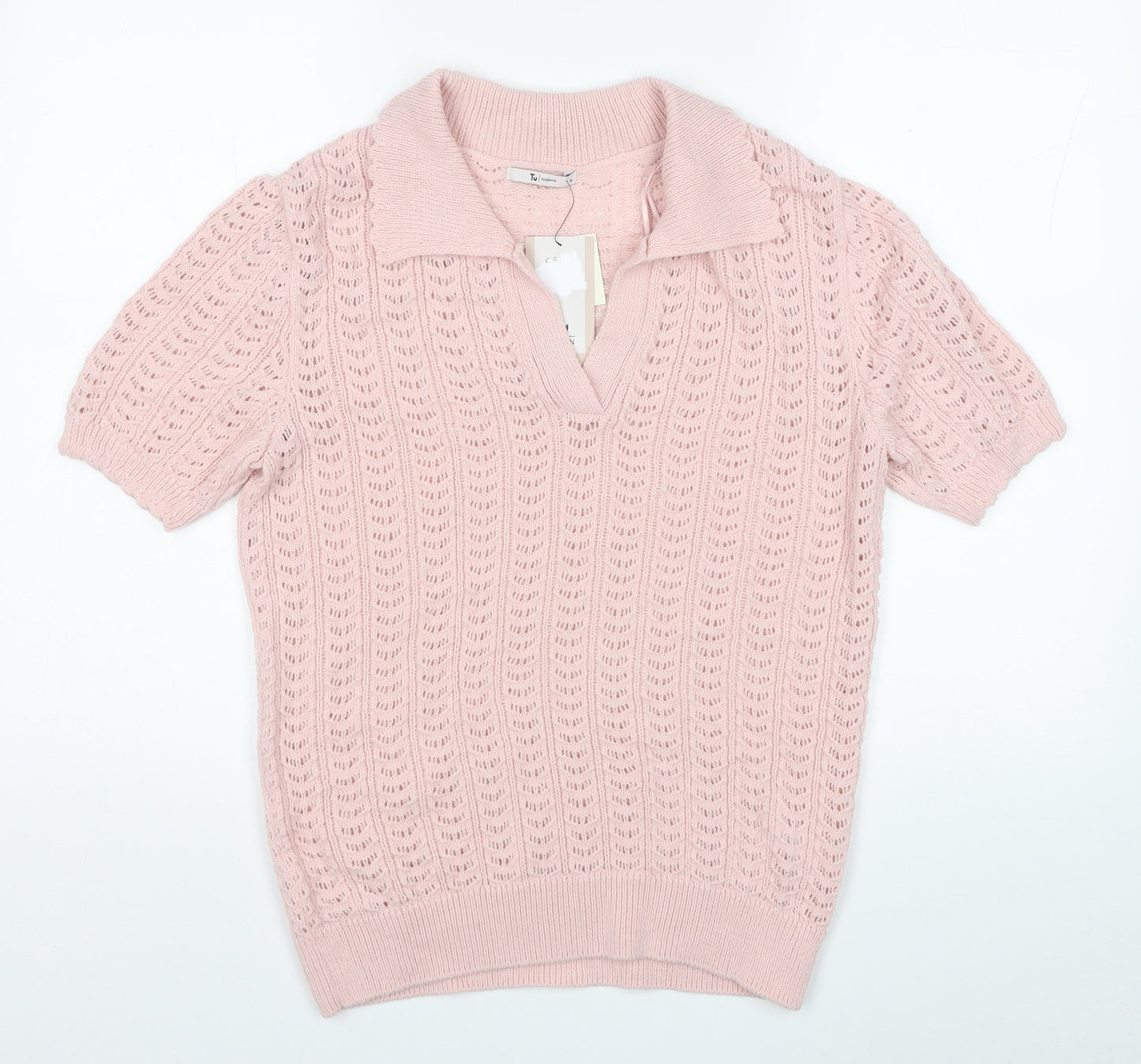 TU Womens Pink Acrylic Basic T-Shirt Size 12 Collared