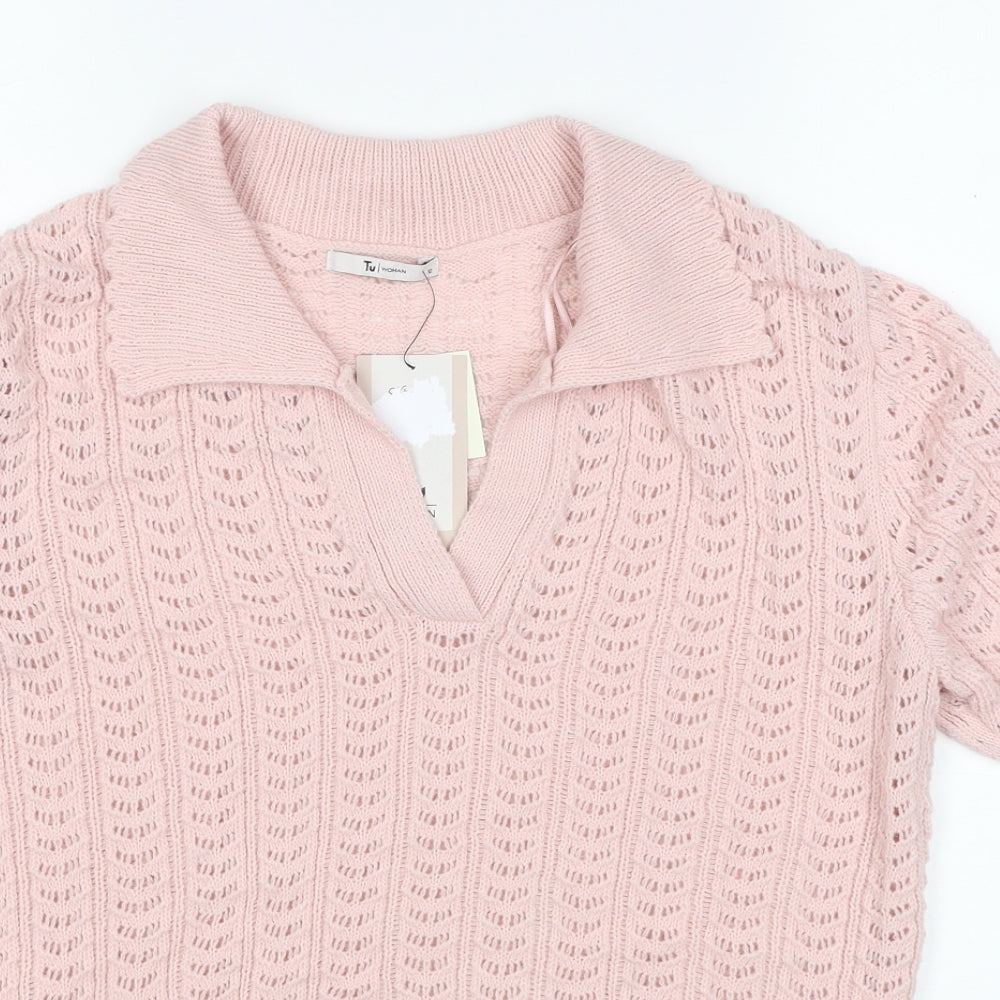 TU Womens Pink Acrylic Basic T-Shirt Size 12 Collared
