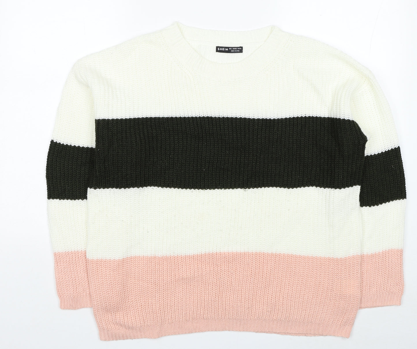 SheIn Womens White Round Neck Striped Acrylic Pullover Jumper Size L