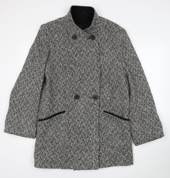 BHS Womens Black Geometric Pea Coat Coat Size 12 Button