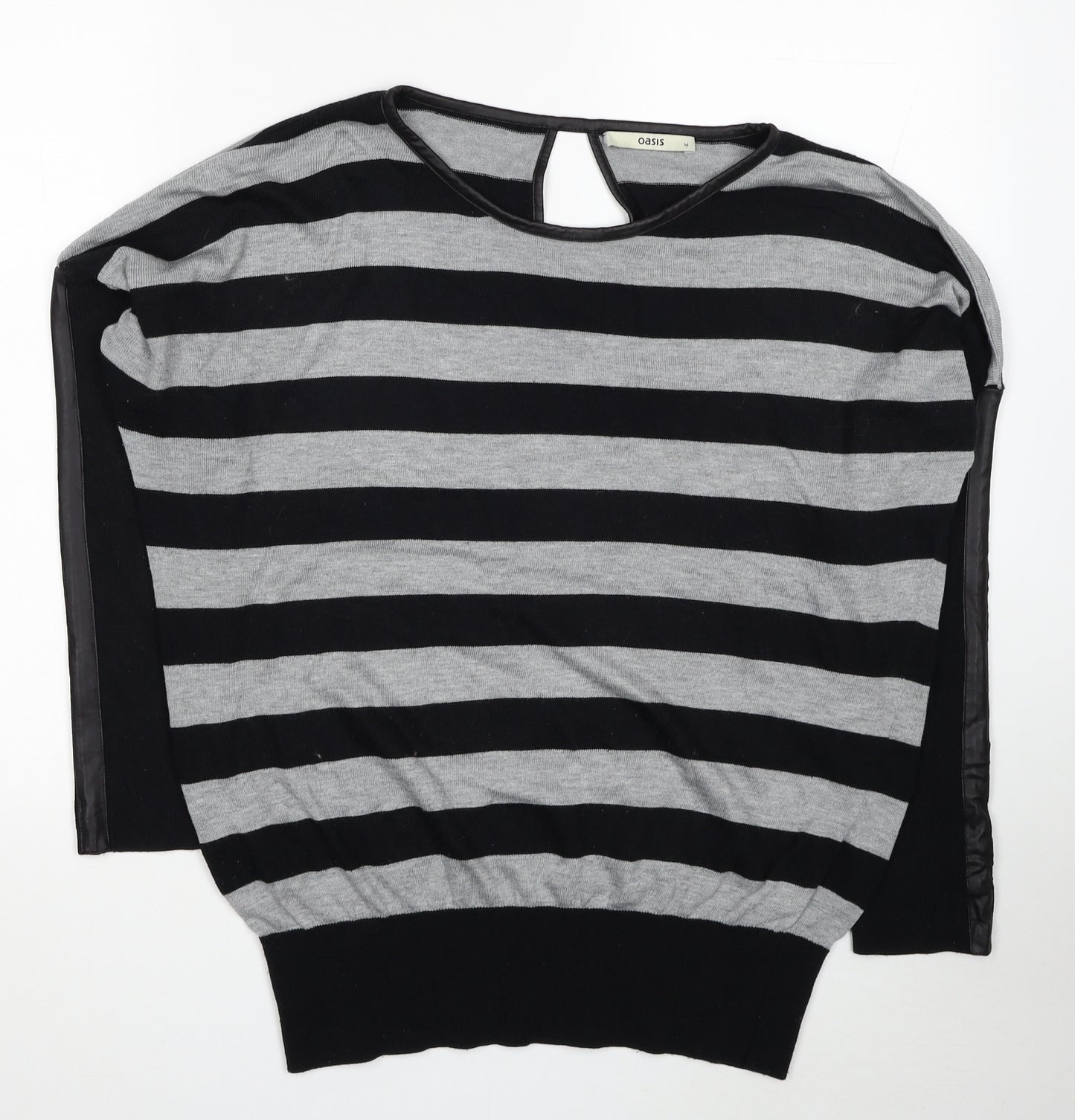 Oasis Womens Black Striped Polyester Jersey Blouse Size M Scoop Neck