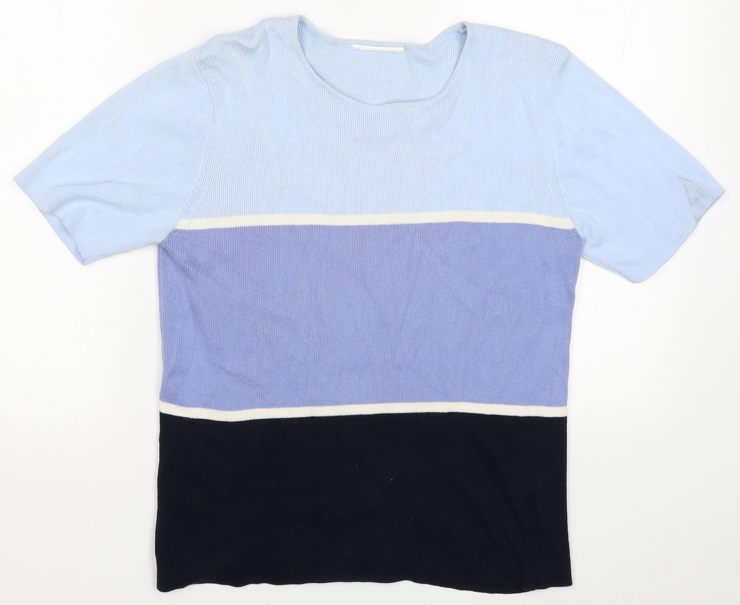 BHS Womens Blue Colourblock Cotton Basic T-Shirt Size 14 Round Neck