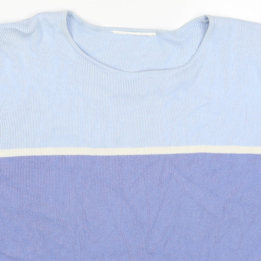 BHS Womens Blue Colourblock Cotton Basic T-Shirt Size 14 Round Neck
