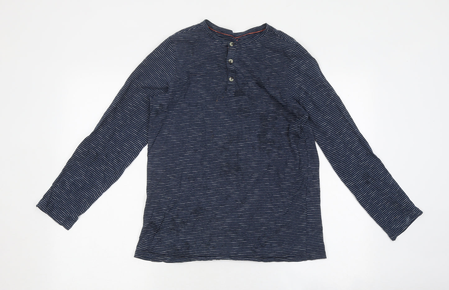 H&M Boys Blue Striped Polyester Basic T-Shirt Size 12-13 Years Round Neck Button
