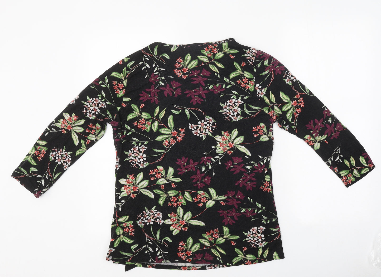 Papaya Womens Black Floral Polyester Basic T-Shirt Size 16 Round Neck