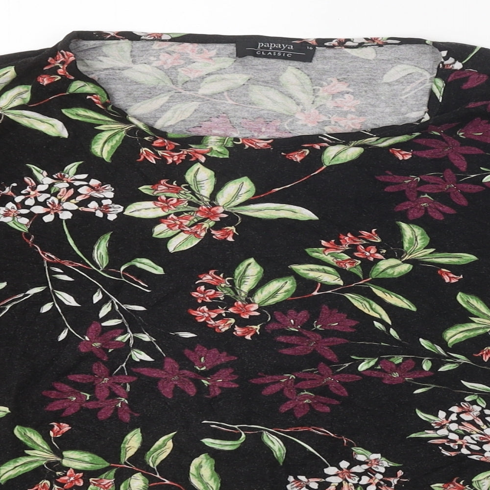 Papaya Womens Black Floral Polyester Basic T-Shirt Size 16 Round Neck