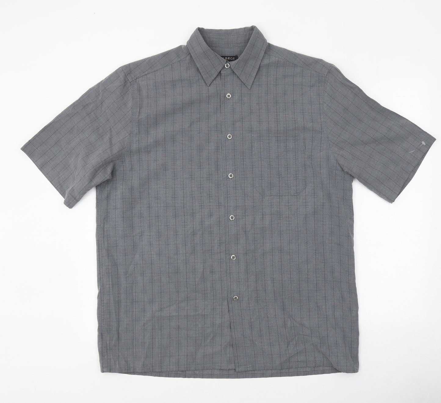 George Mens Grey Plaid Polyester Button-Up Size M Collared Button