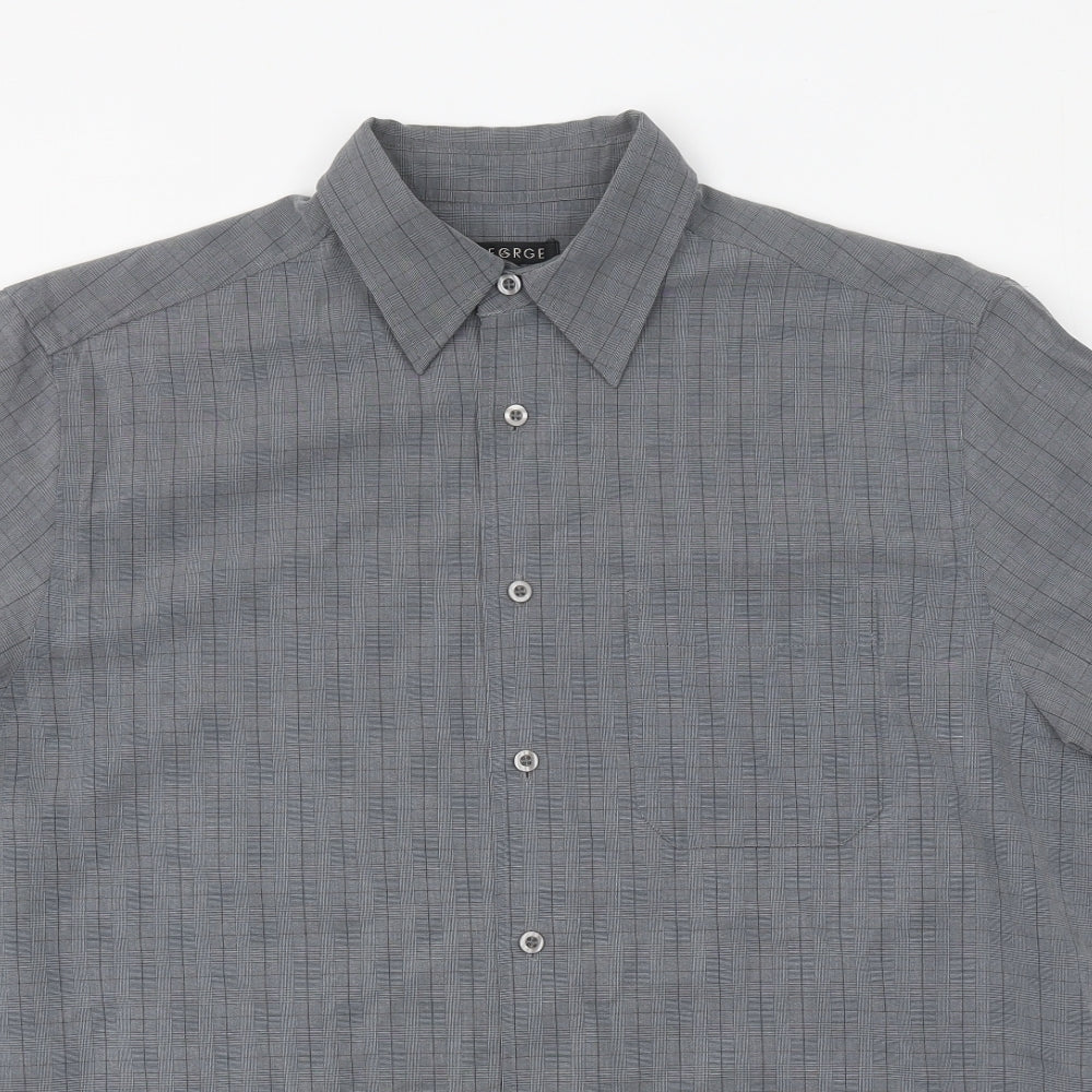 George Mens Grey Plaid Polyester Button-Up Size M Collared Button