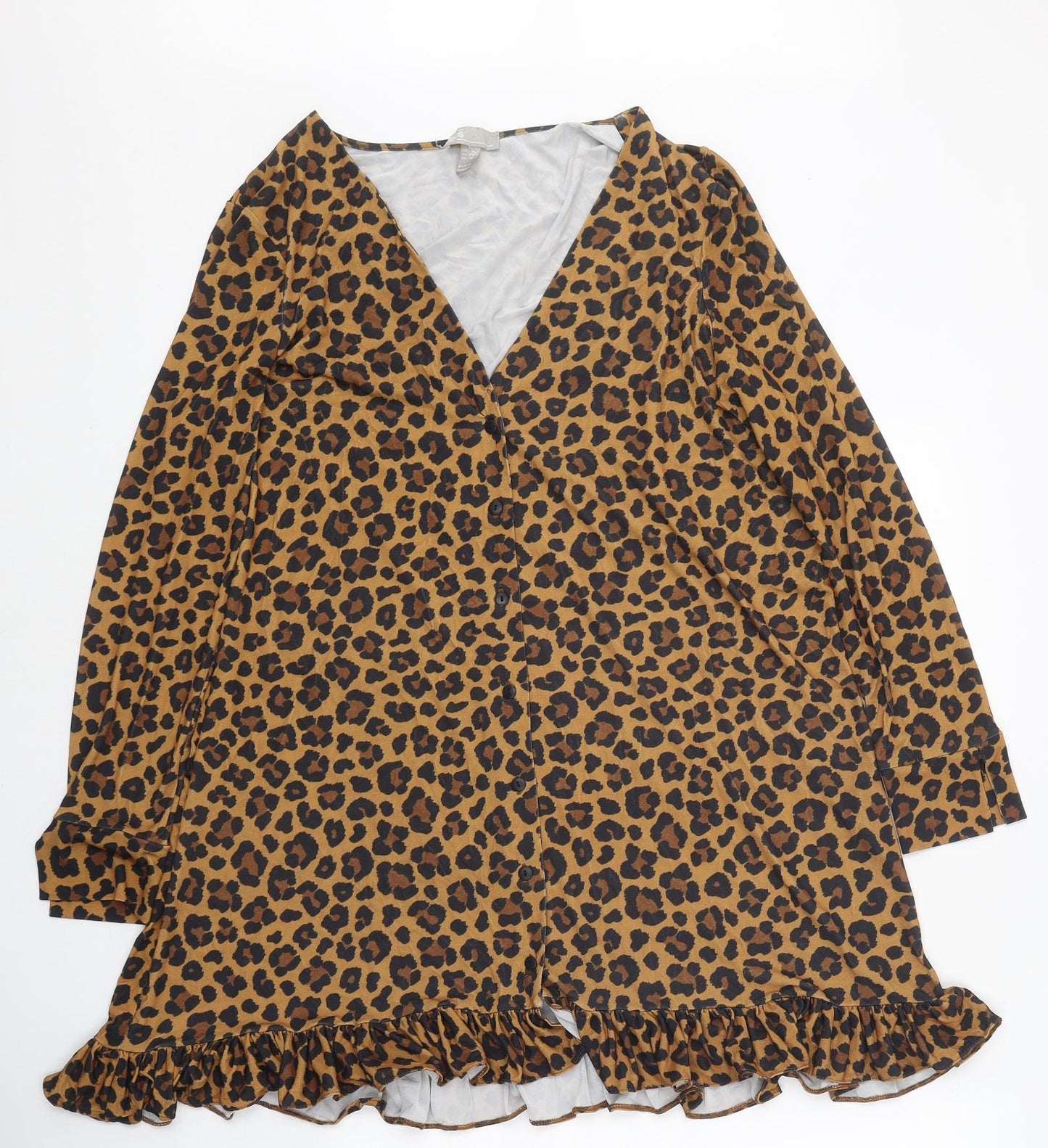 ASOS Womens Brown Animal Print Polyester A-Line Size 16 V-Neck Button - Leopard Print
