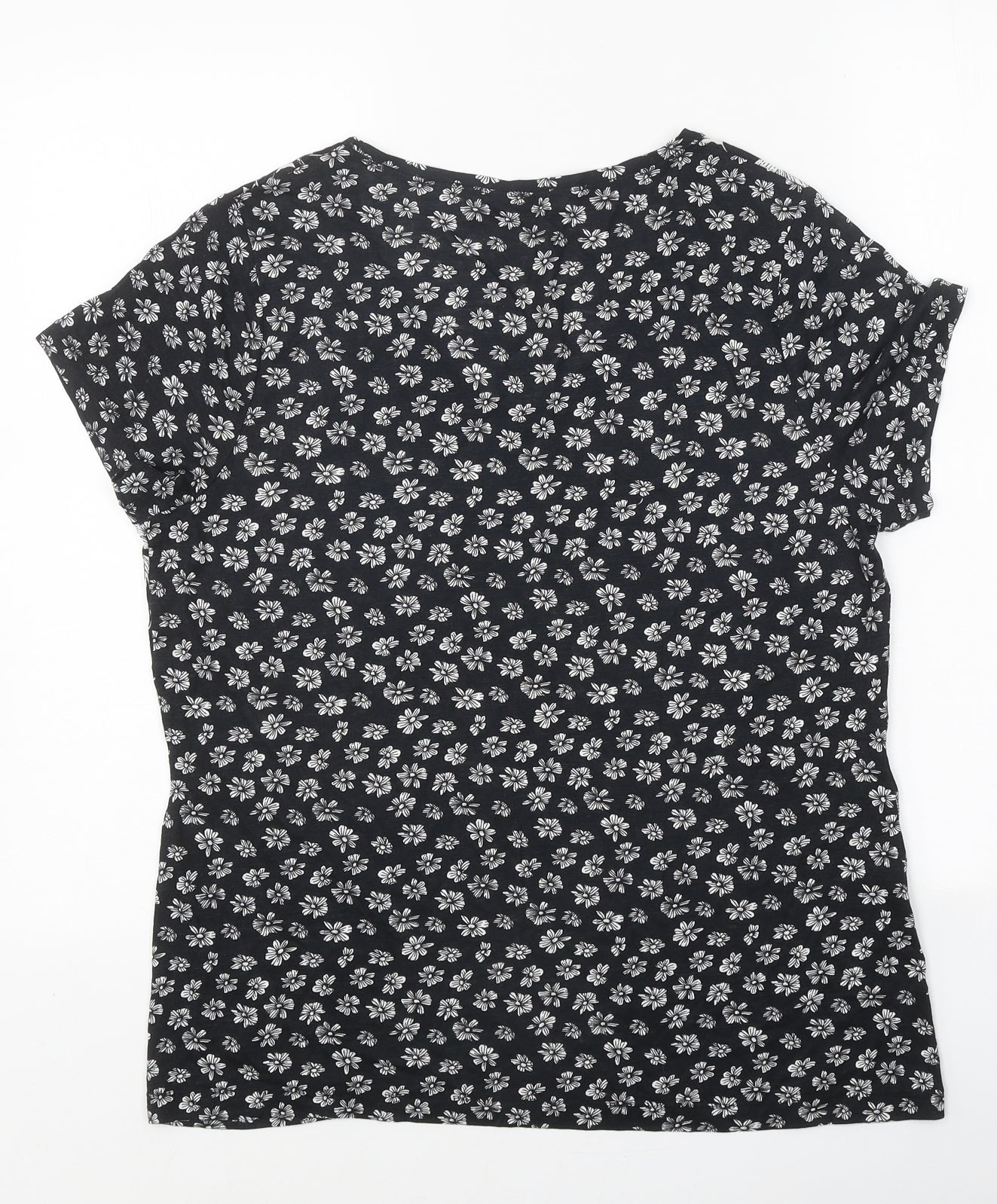 M&Co Womens Black Floral Polyester Basic T-Shirt Size 12 V-Neck