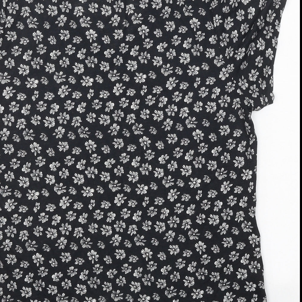 M&Co Womens Black Floral Polyester Basic T-Shirt Size 12 V-Neck