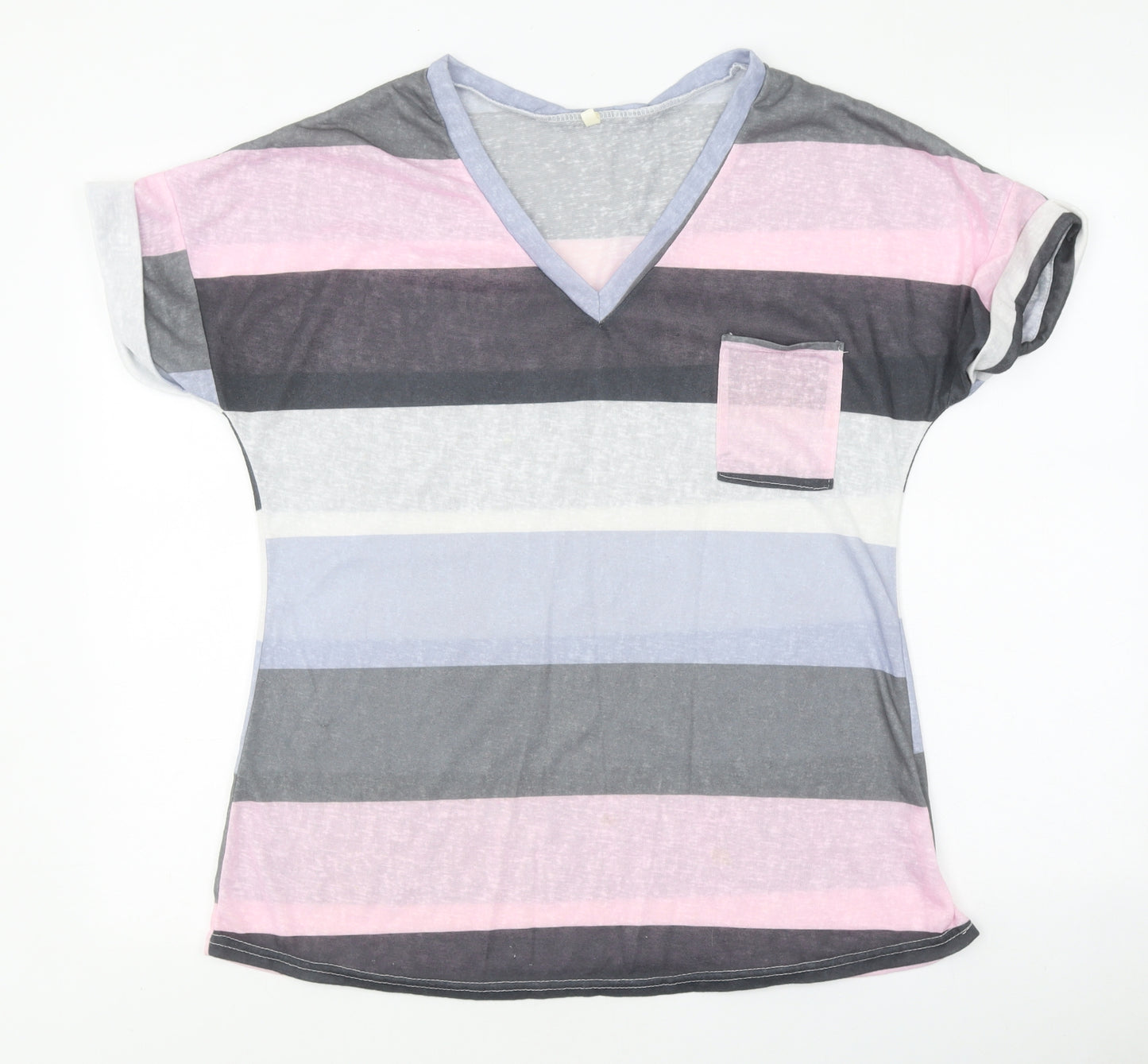 Preworn Womens Multicoloured Striped Polyester Basic T-Shirt Size L Round Neck