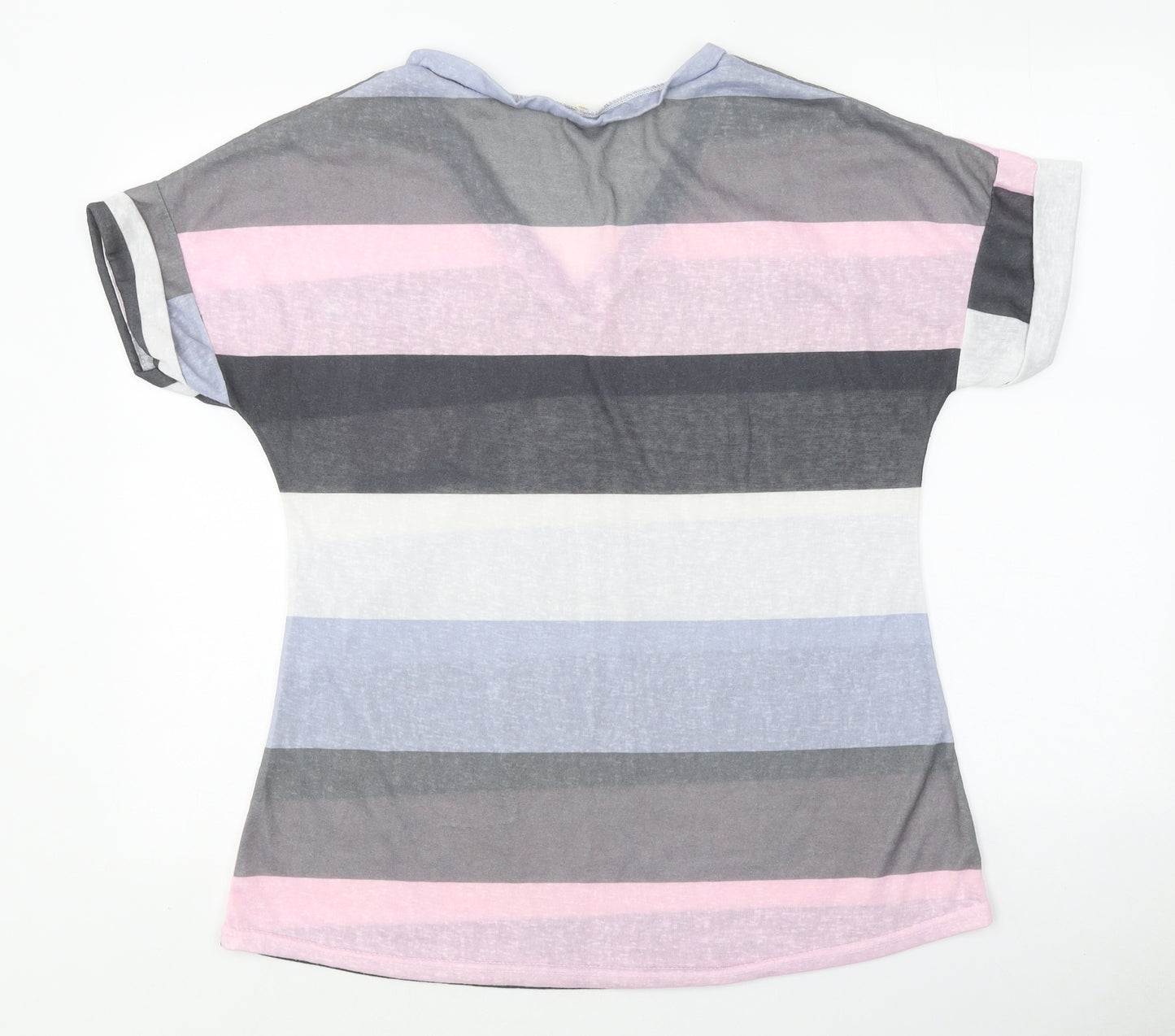 Preworn Womens Multicoloured Striped Polyester Basic T-Shirt Size L Round Neck