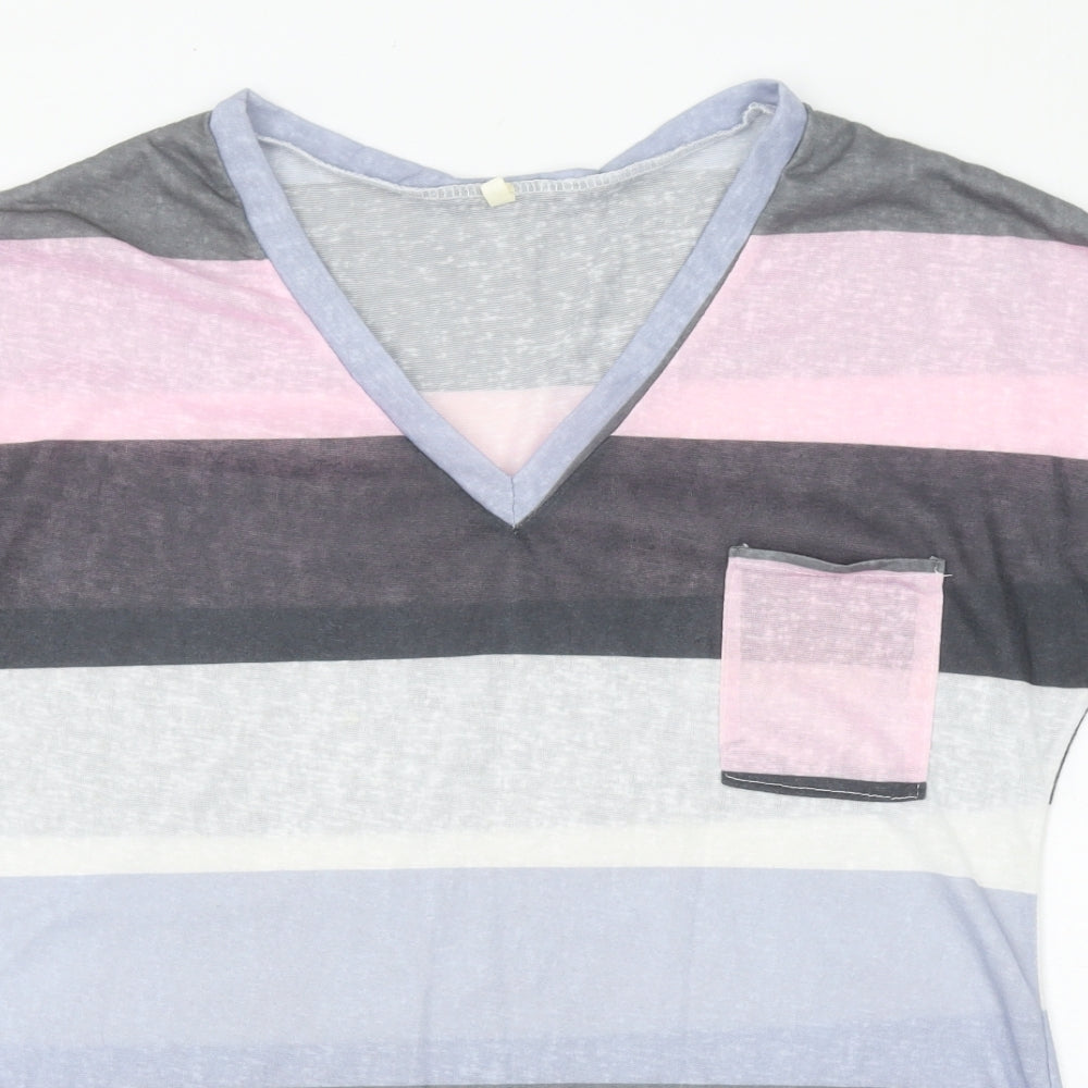 Preworn Womens Multicoloured Striped Polyester Basic T-Shirt Size L Round Neck
