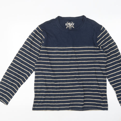Easy Mens Blue Striped Polyester T-Shirt Size M Round Neck