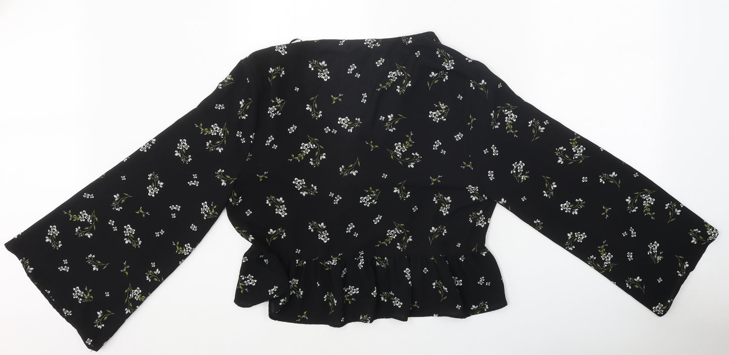 New Look Womens Black Floral Polyester Wrap Blouse Size 18 V-Neck