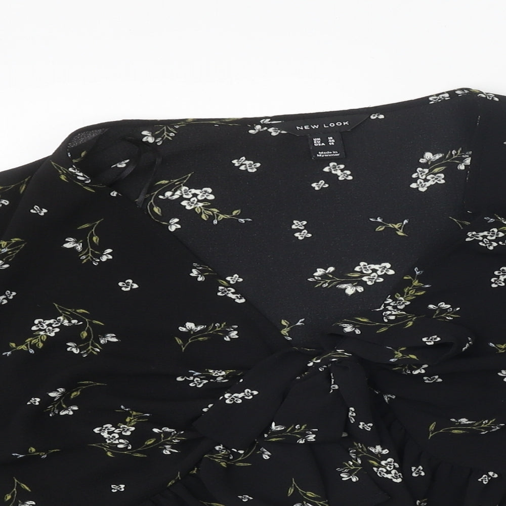 New Look Womens Black Floral Polyester Wrap Blouse Size 18 V-Neck