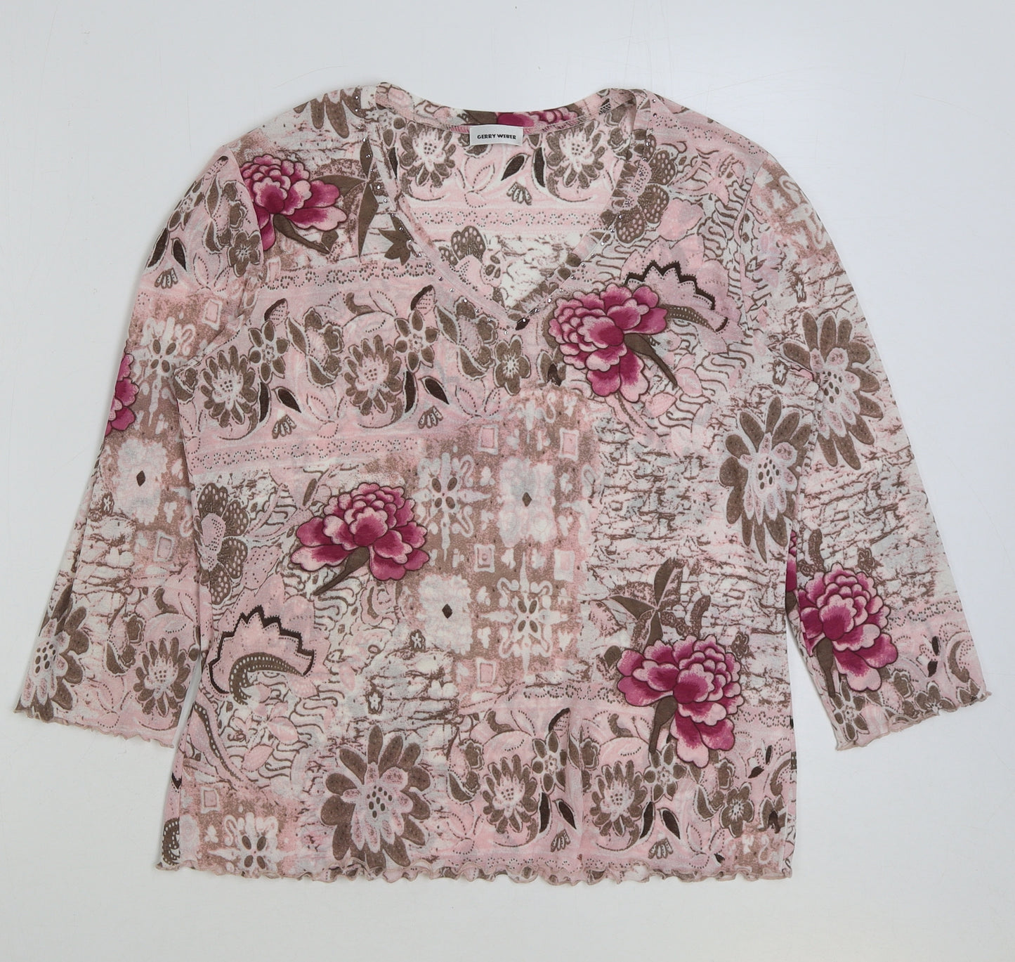 Gerry Weber Womens Pink Floral Polyester Basic T-Shirt Size 16 V-Neck