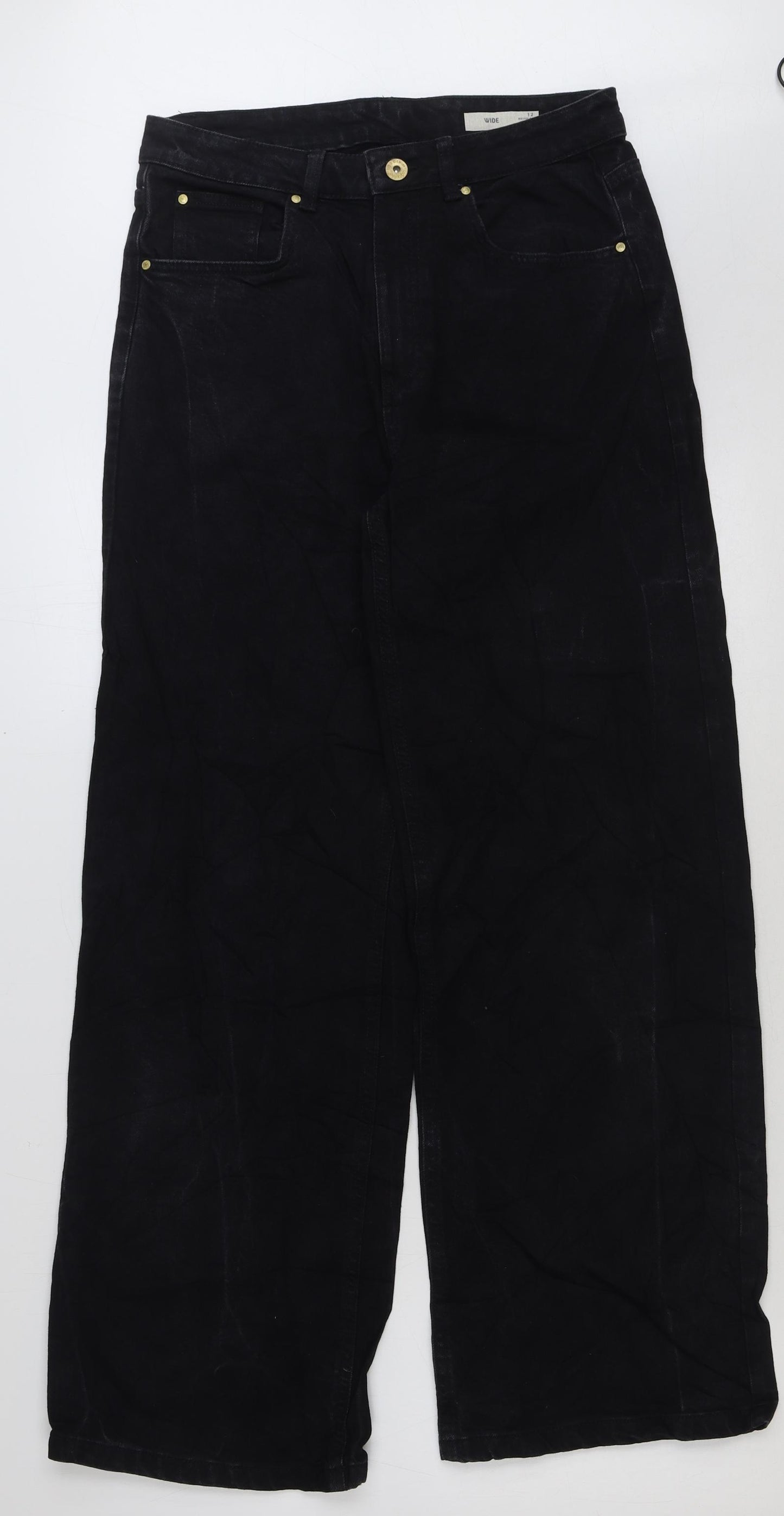 marks and Womens Black Cotton Wide-Leg Jeans Size 12 L30 in Regular Button