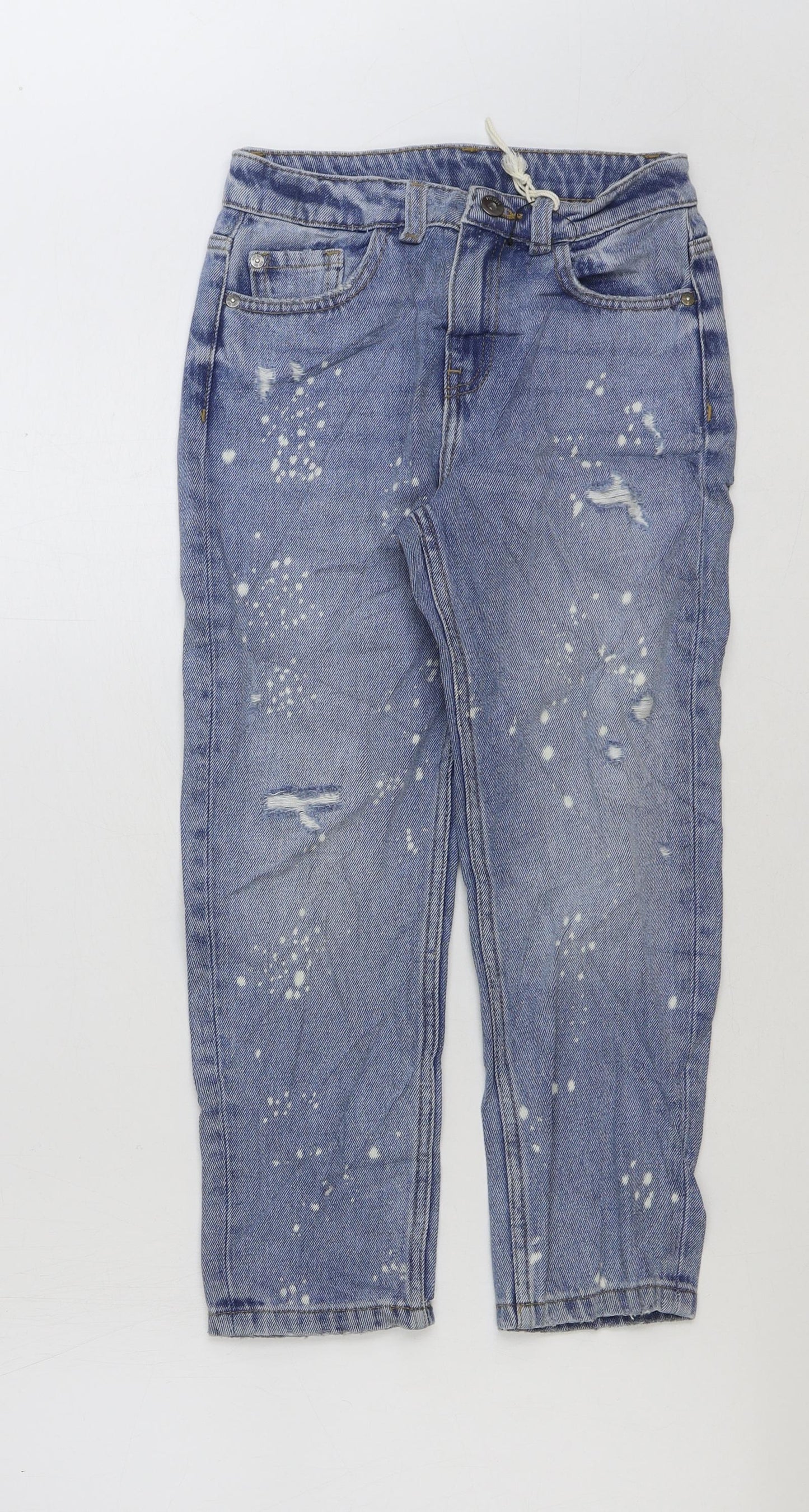 Marks and Spencer Girls Blue Cotton Skinny Jeans Size 8-9 Years Regular Button - Acid Wash, Distressed
