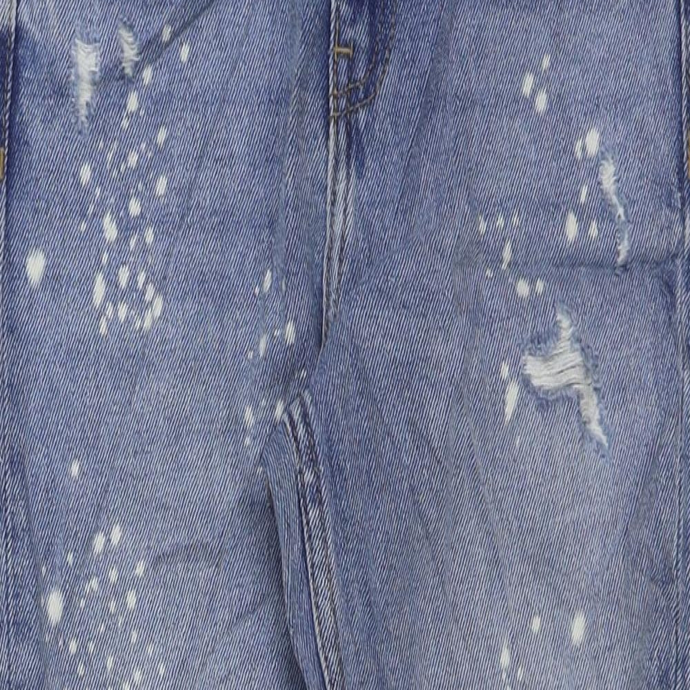 Marks and Spencer Girls Blue Cotton Skinny Jeans Size 8-9 Years Regular Button - Acid Wash, Distressed