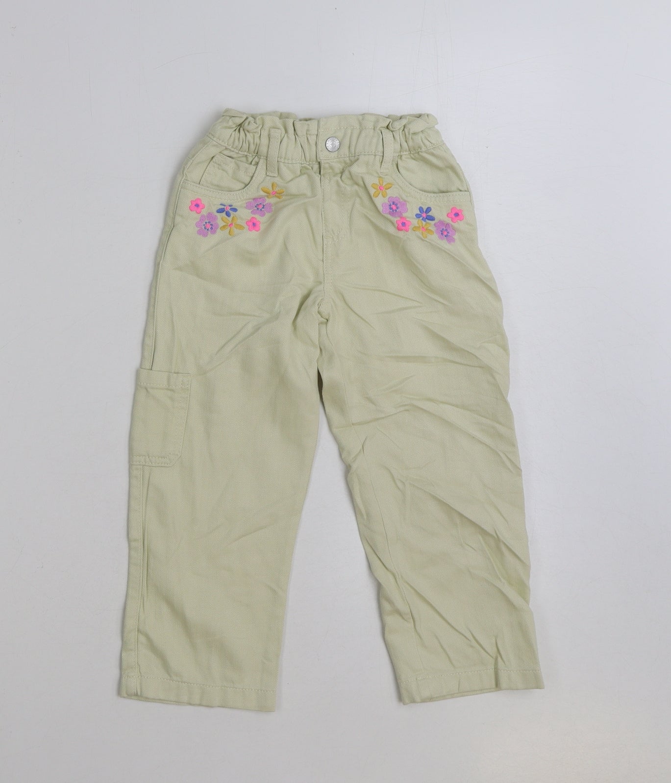 Marks and Spencer Girls Beige Floral Cotton Cargo Trousers Size 3-4 Years Regular Button