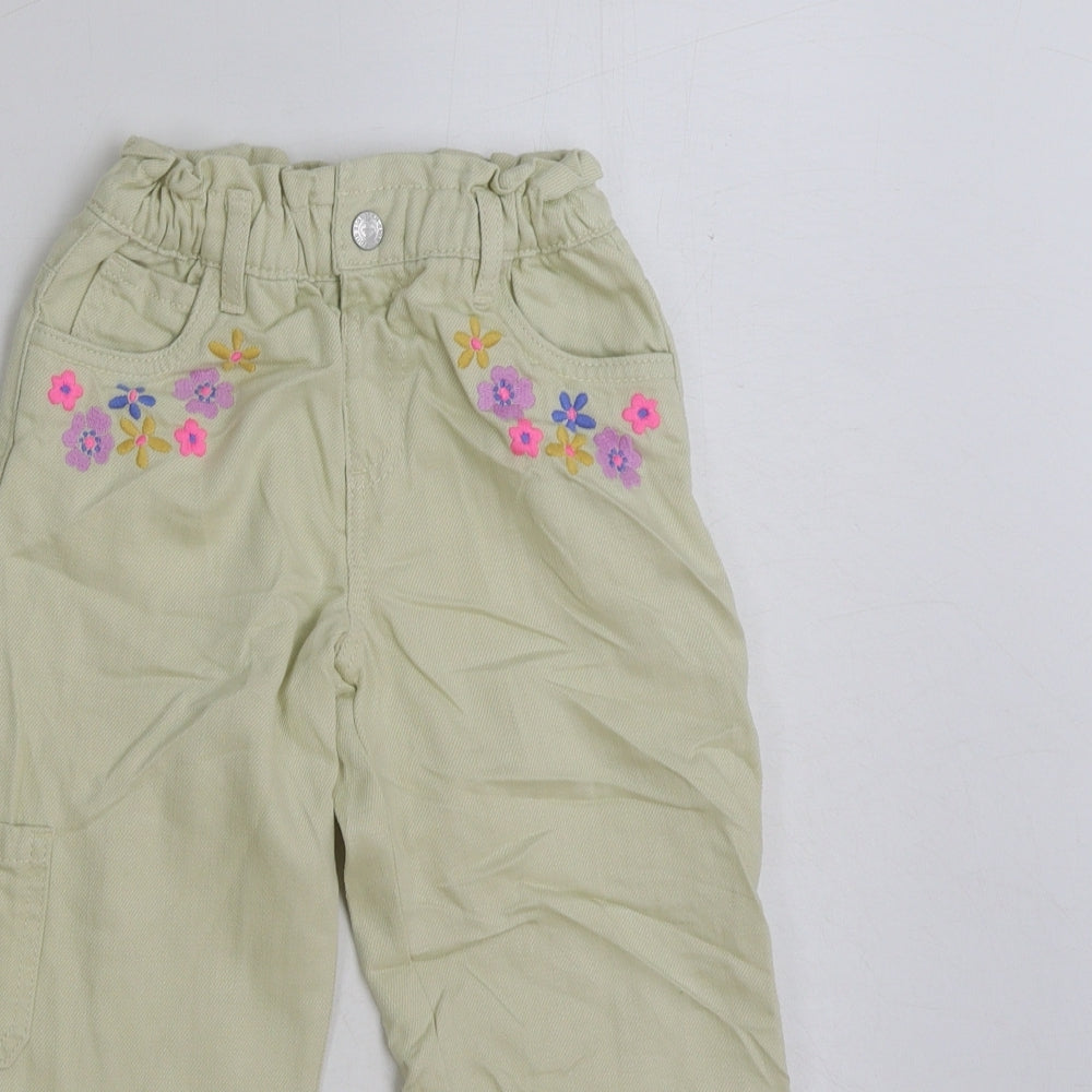 Marks and Spencer Girls Beige Floral Cotton Cargo Trousers Size 3-4 Years Regular Button