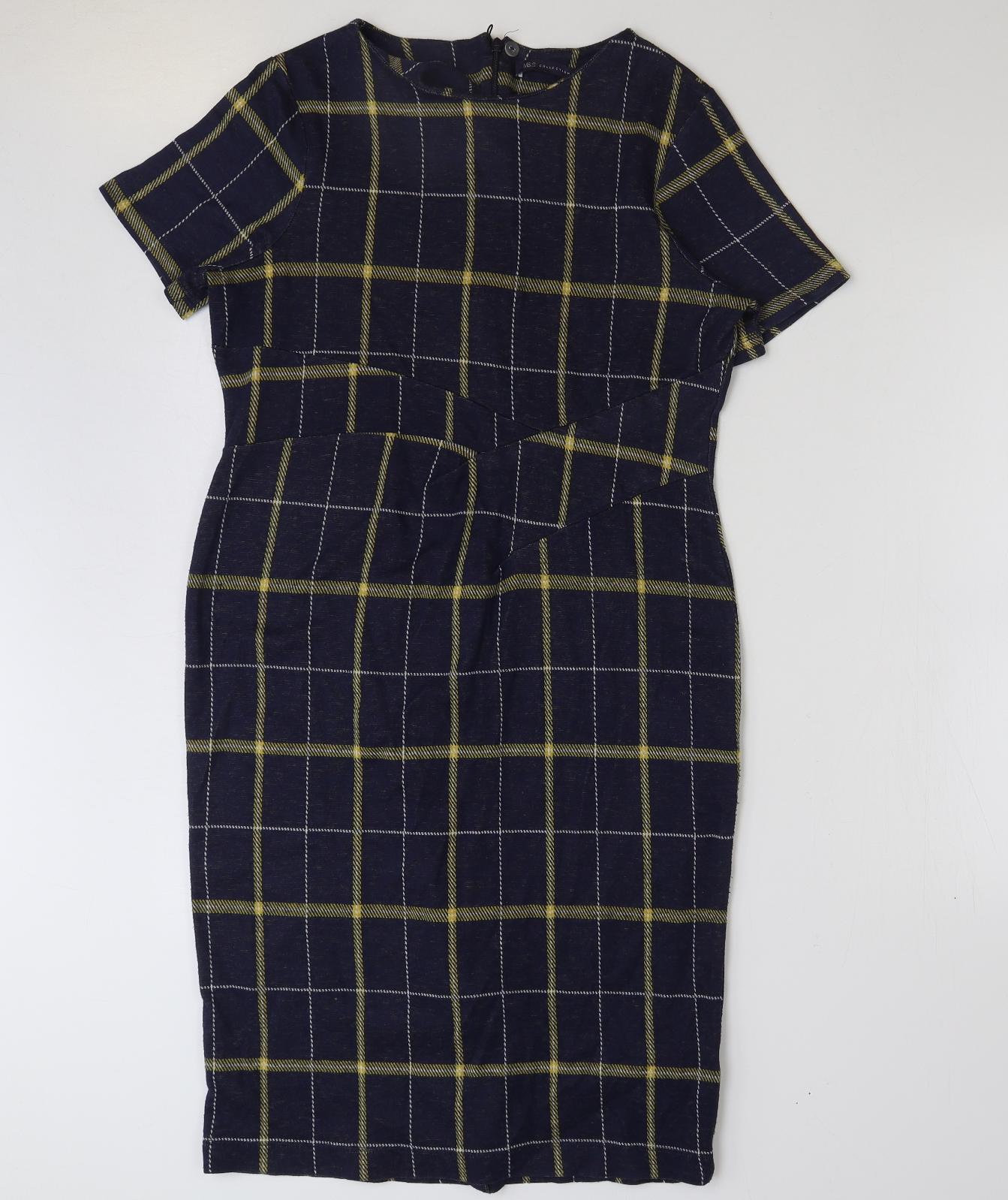 marks and Womens Blue Check Polyester Pencil Dress Size 14 Round Neck Zip