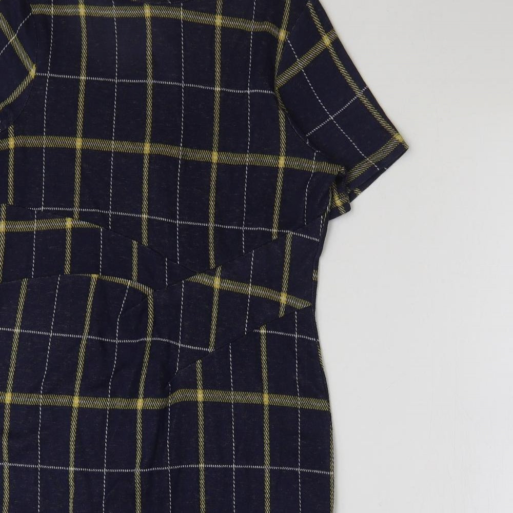 marks and Womens Blue Check Polyester Pencil Dress Size 14 Round Neck Zip